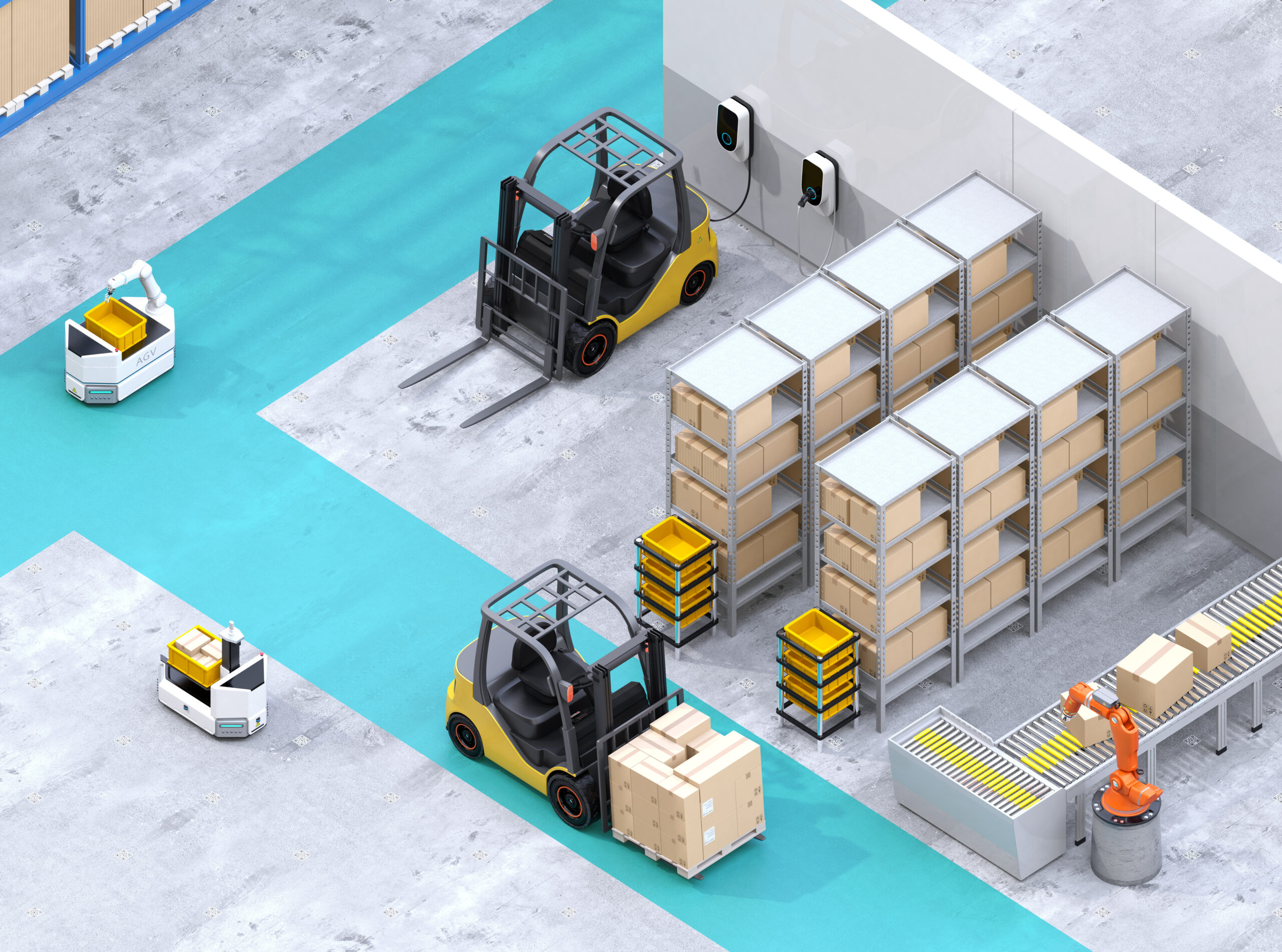 Isometric view of electric forklifts and AGV robots in modern distribution center. 3D rendering image.