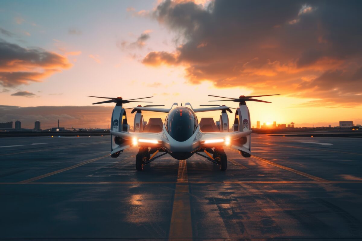 Autonomous electric flying vehicle on airport runway at sunrise.
