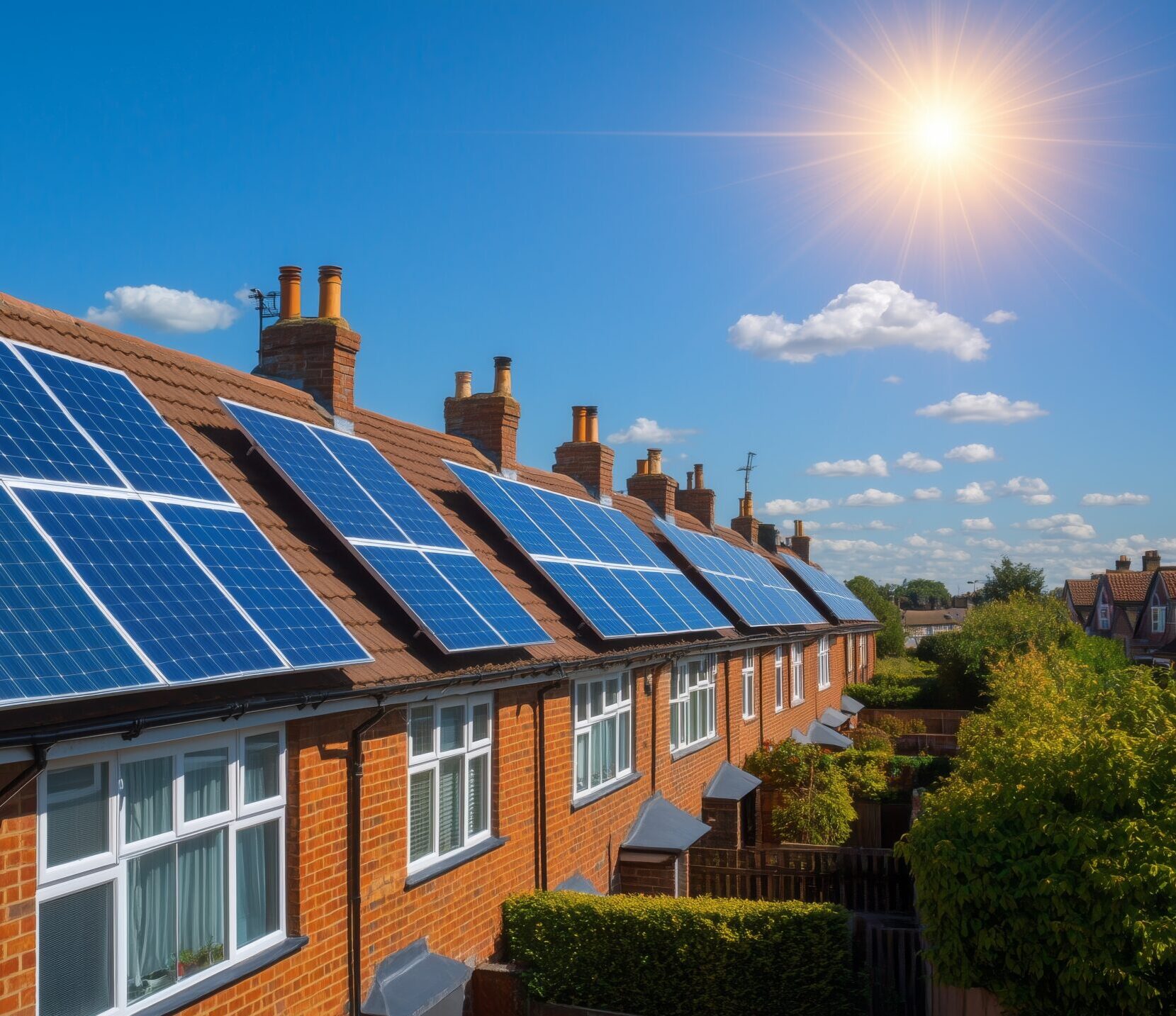 A row of UK terraced houses showcasing solar panels on rooftops for energy efficiency. Renewable energy concept