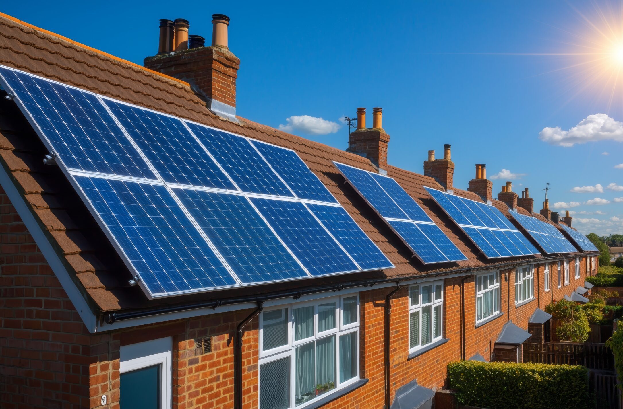 A row of UK terraced houses showcasing solar panels on rooftops for energy efficiency. Renewable energy concept